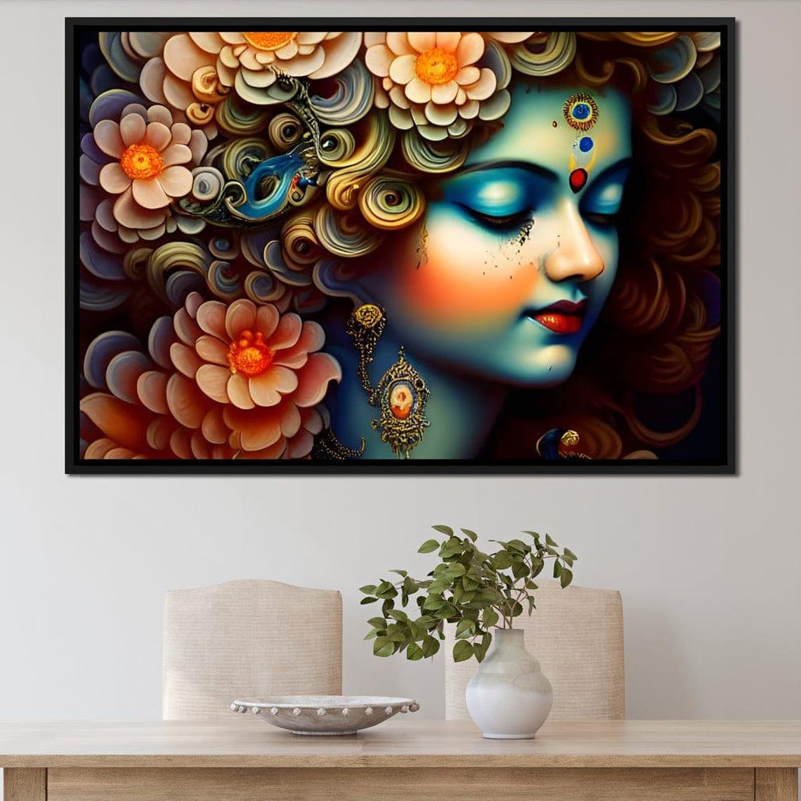 Hindu Goddess Profile Five Panel Blue Floral Spiritual Wall Art Print - Image 3