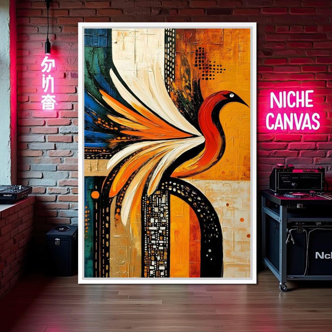 Abstract Phoenix Bird Orange Gold Teal Geometric Mosaic Art Print - Image 2