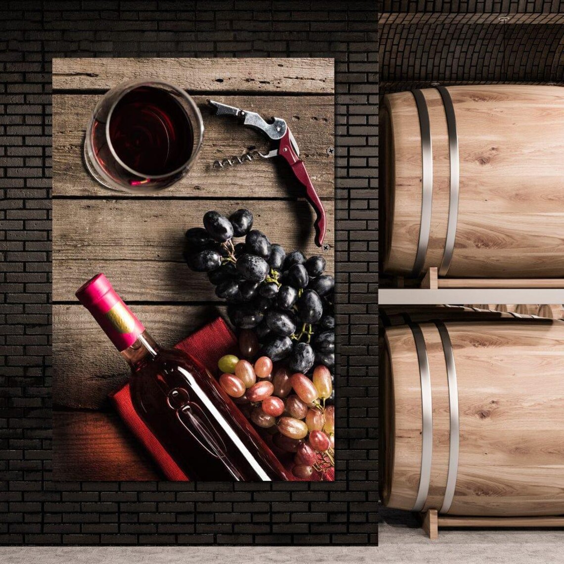 Rustic Wine Still Life Bottle Glass Grapes Corkscrew Wooden Table Poster - Image 4
