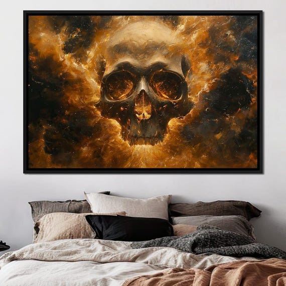 Inferno Radiance Gothic Skull Wall Art Dark Fantasy Home Decor Fiery Eerie Atmosphere Bold Artistic Skeleton Design By Nichecanvas