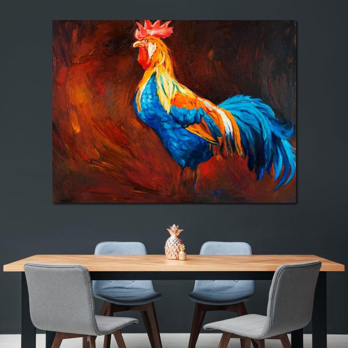 Vibrant Blue And Orange Rooster Bold Folk Art Painting Style Poster - Image 3
