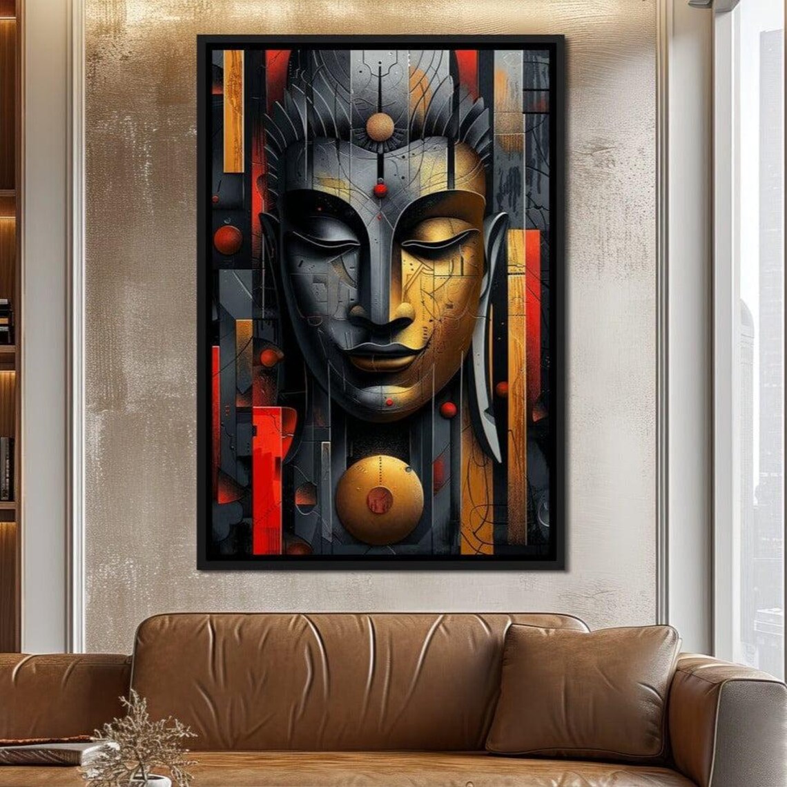 Geometric Buddha Face Gold Red Black Abstract Zen Meditation Wall Art
