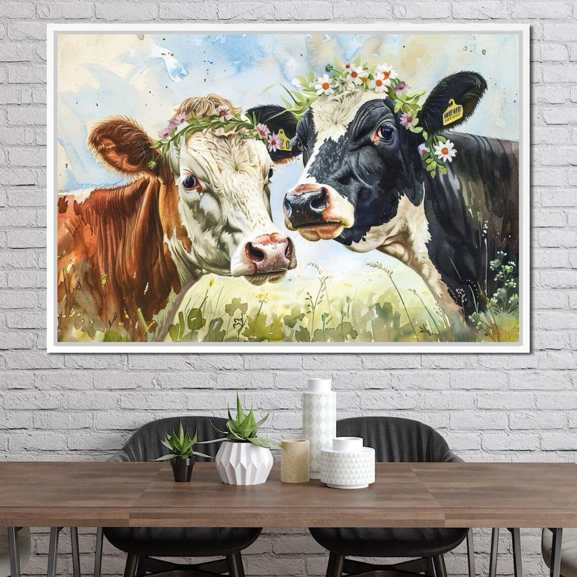 Sweet Cows Flower Crowns Meadow Watercolor Farmhouse Wall Art Poster - Image 3