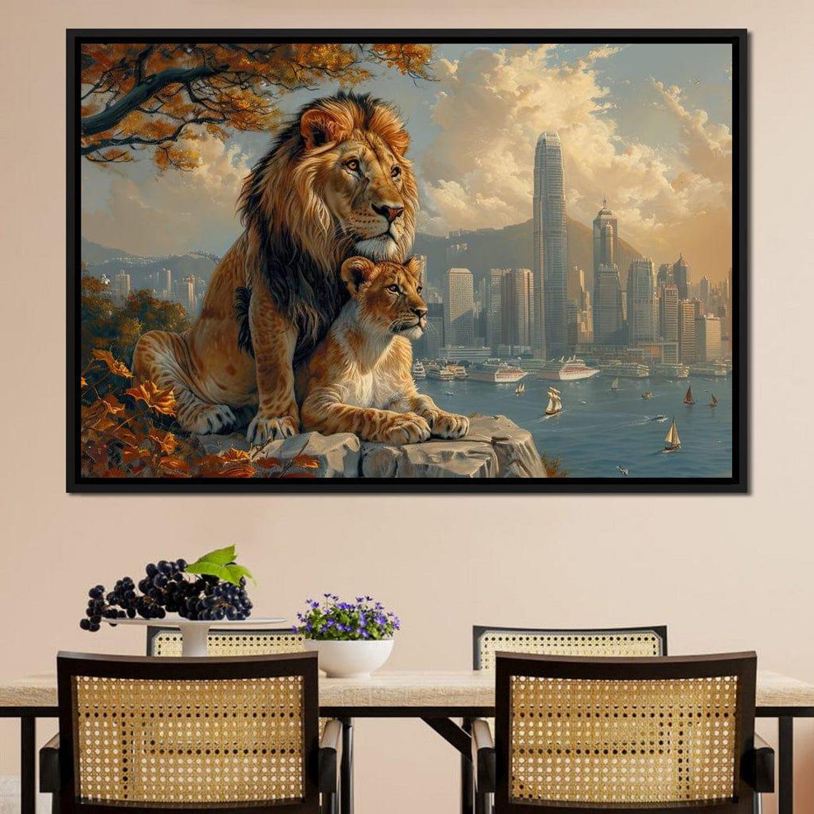 Lion Lioness Overlooking Harbor City Skyline Urban Jungle Poster