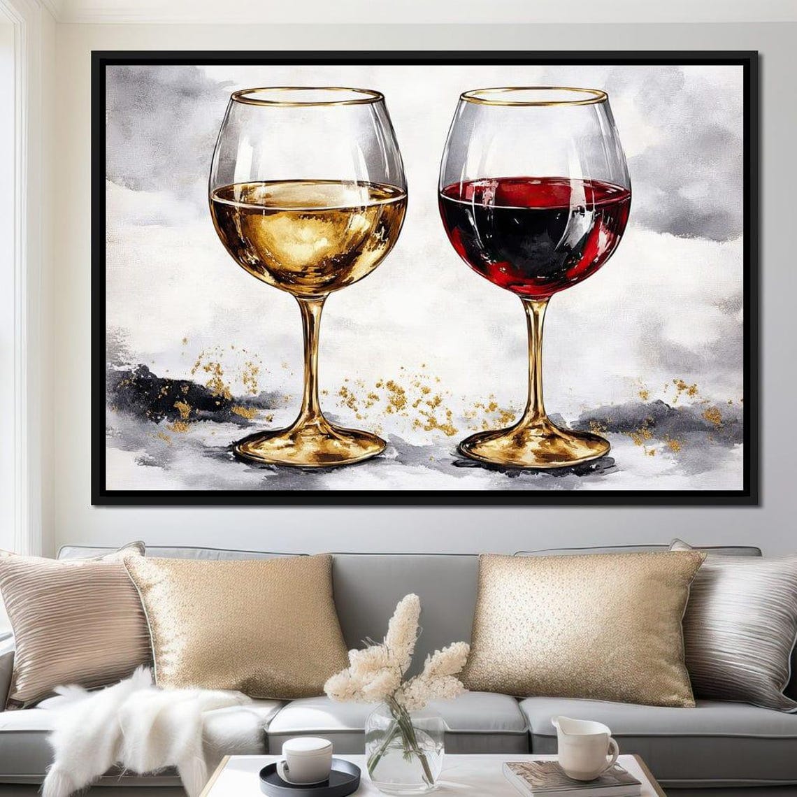 Red And White Wine Glasses Gold Accent Watercolor Kitchen Poster - Image 4