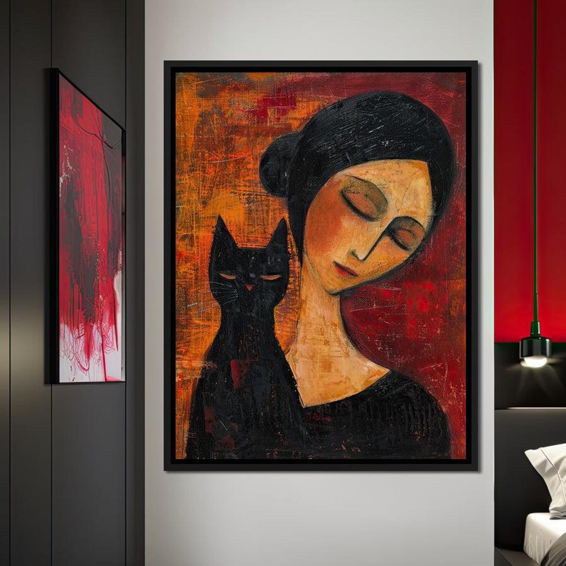 Abstract Woman With Black Cat Cozy Warm Orange Tones Wall Art Poster