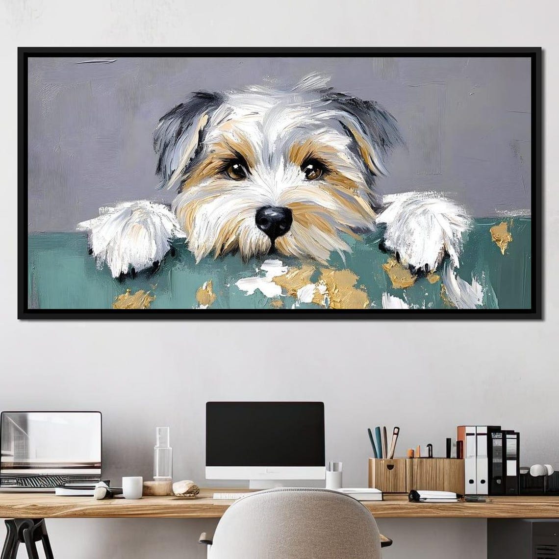 Yorkshire Terrier Puppy Peeking Over a Teal Wall with Gold Poster - Image 3