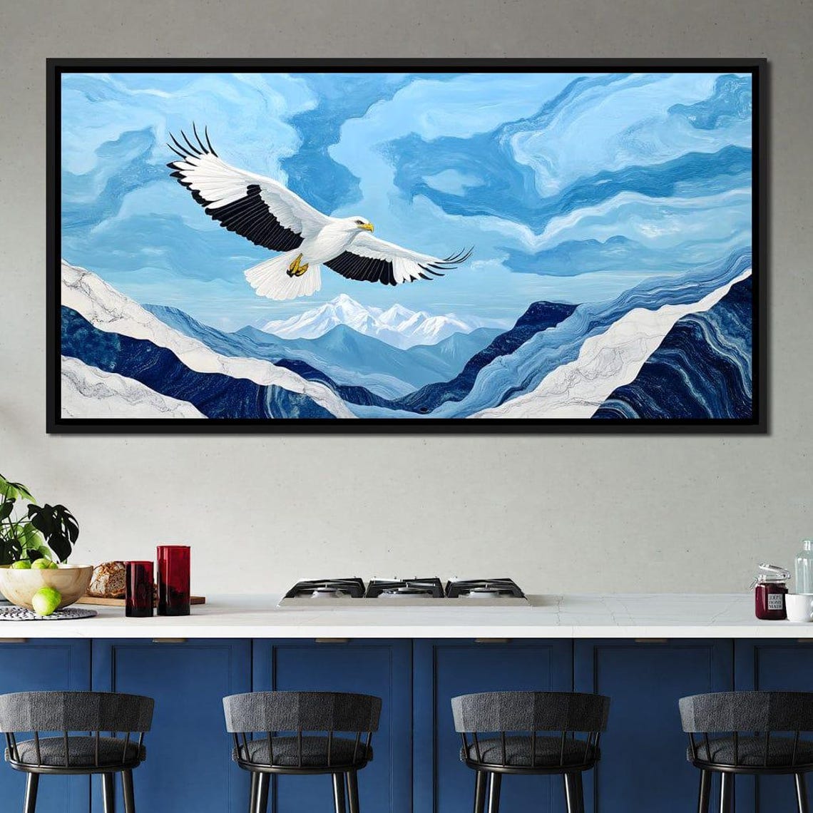 White Eagle Soaring Blue Snowy Mountains Framed Wildlife Wall Art - Image 2