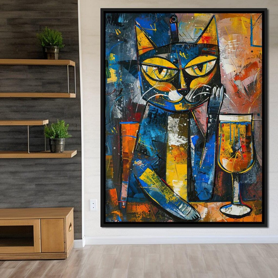 Cubist Black Cat Wine Glass Blue Yellow Whimsical Modern Wall Art - Image 4