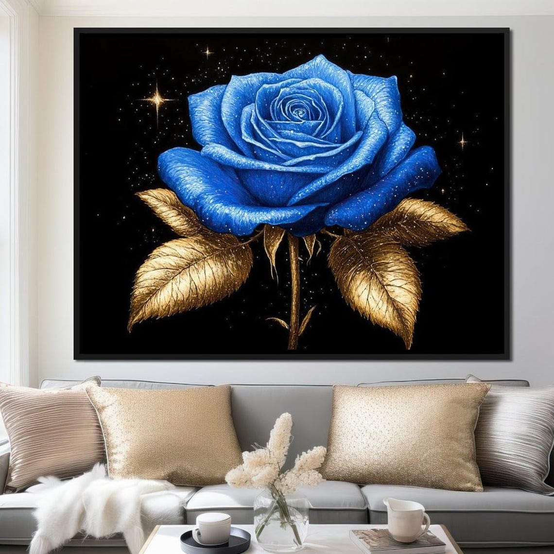 Blue Rose Gold Leaves Black Starry Night Celestial Floral Art Poster - Image 3