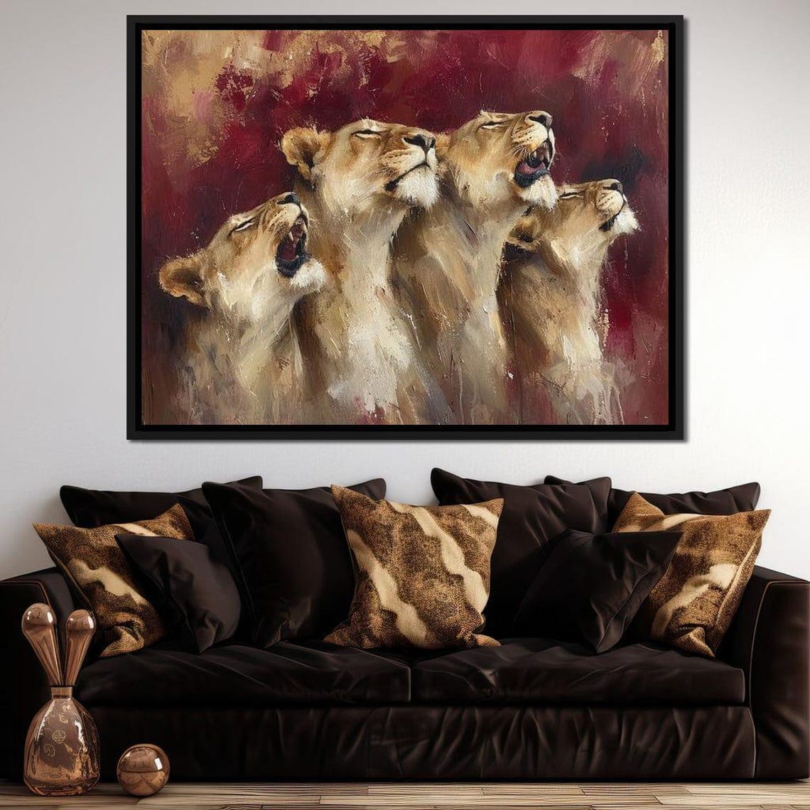 Roaring Lionesses Pride Crimson Dusk Dramatic Wildlife Wall Art Poster