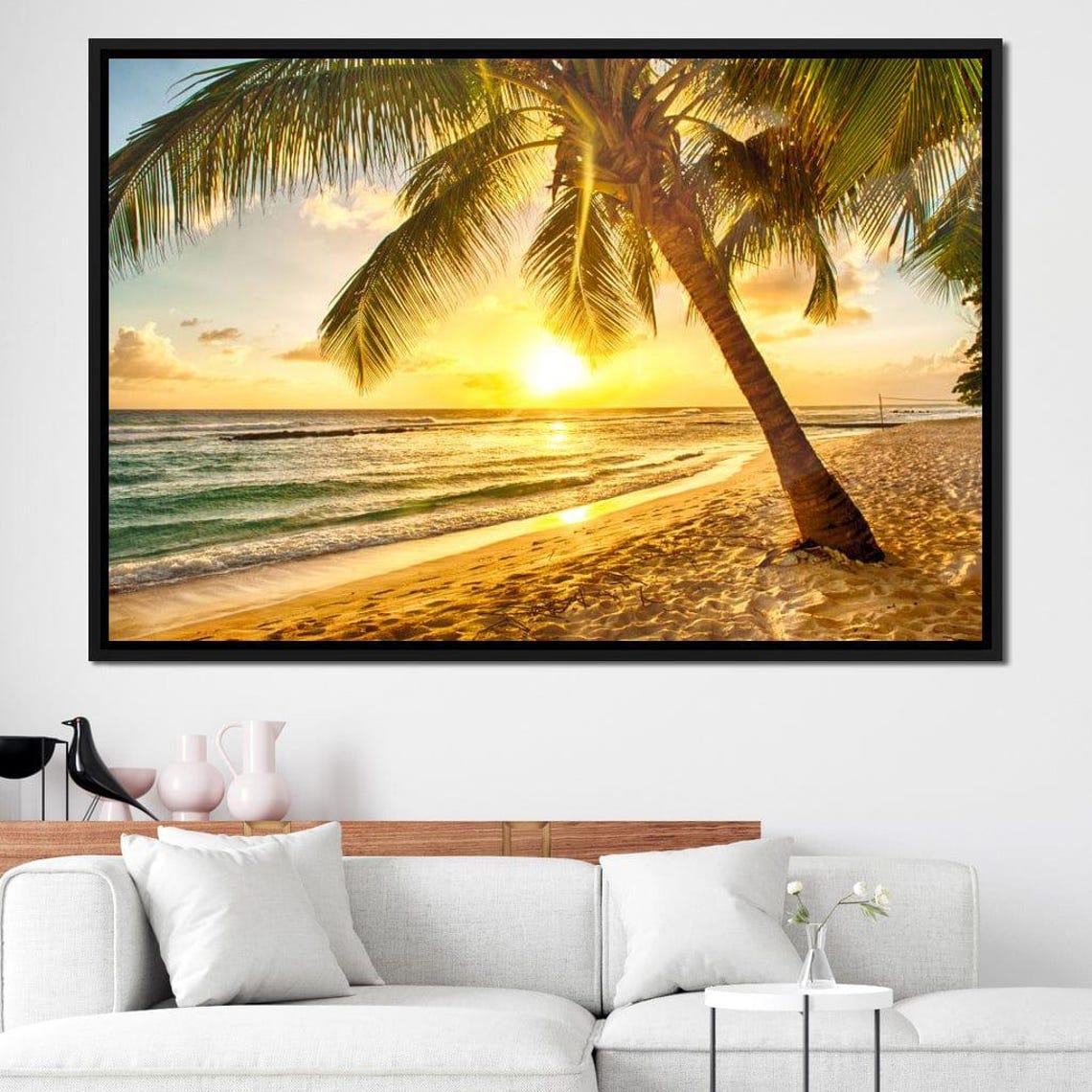 Leaning Palm Tree on a Tropical Beach at Golden Sunset Ocean Poster