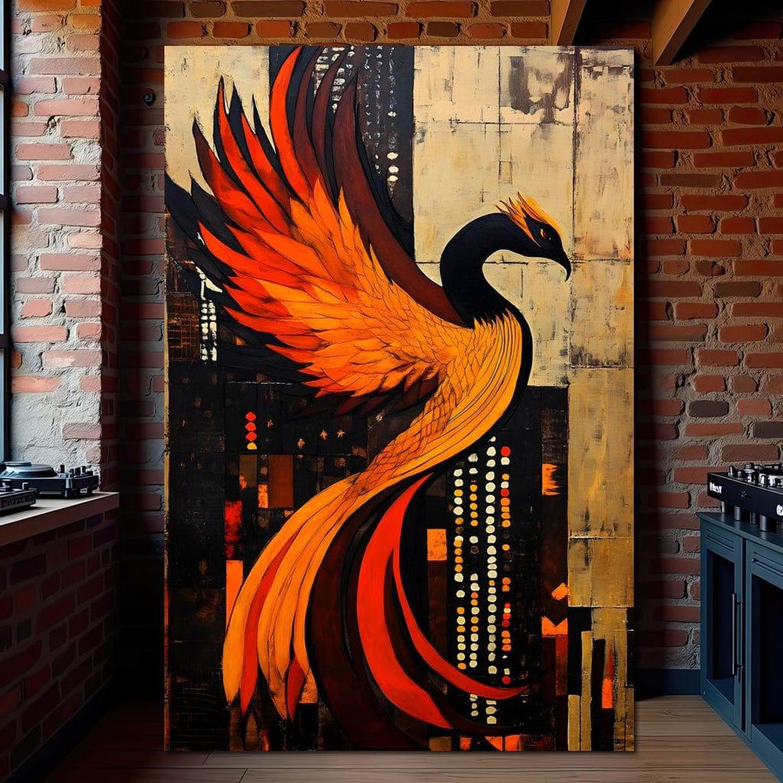 Fiery Orange Phoenix Soaring Above A Night City Modern Art Poster - Image 3