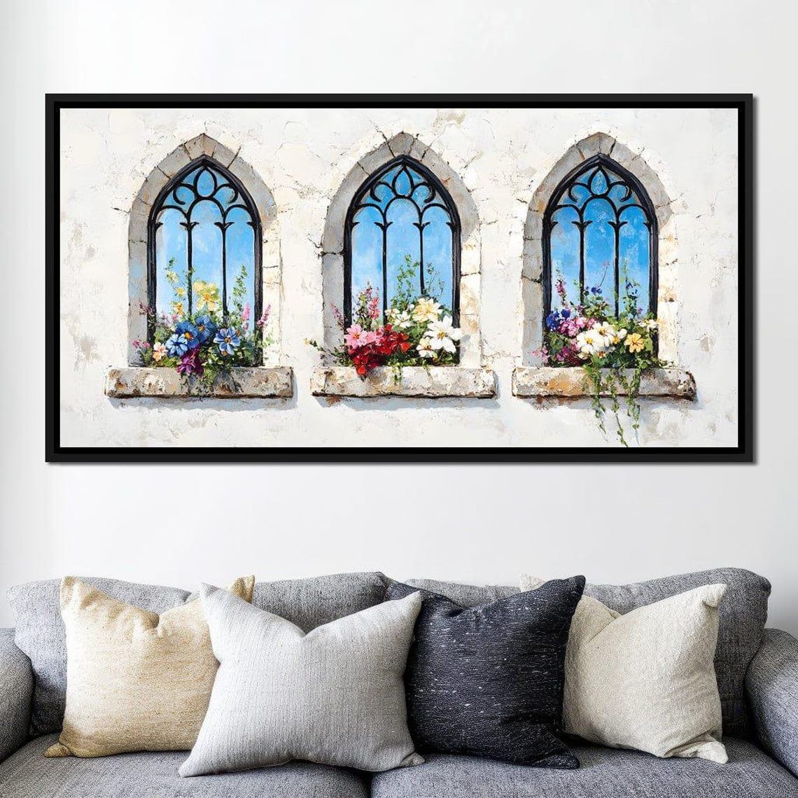 Three Gothic Arched Windows with Colorful Flower Boxes Poster - Image 3
