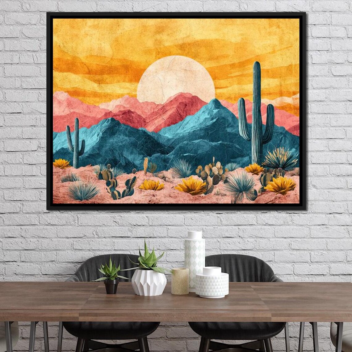 Southwestern Desert Landscape Teal Mountains Golden Sun Art Print - Image 2