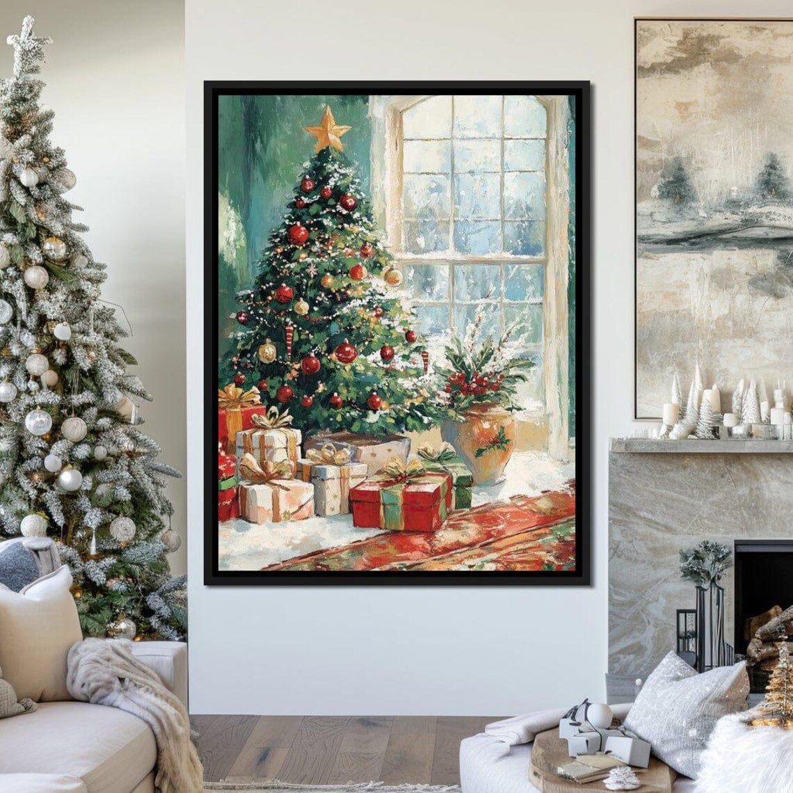 Snowy Christmas Tree By Window Presents Red Ornaments Poster - Image 3