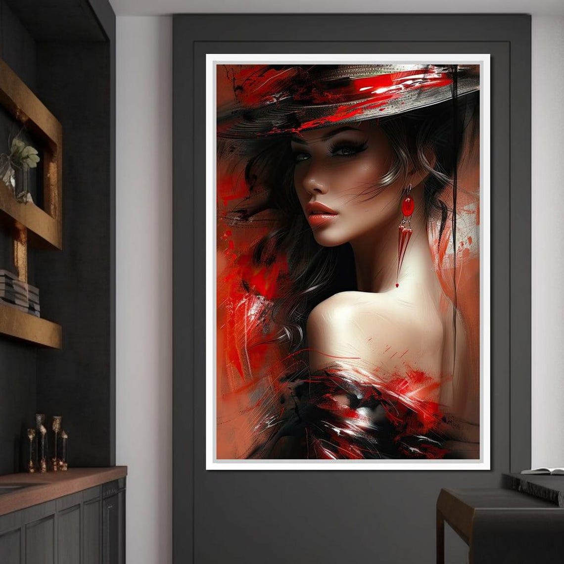 Sultry Woman Red Painted Hat Red Earrings Expressionist Art Print - Image 2