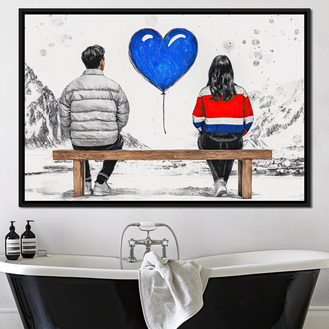 Romantic Couple Snowy Mountain Bench Blue Heart Balloon Wall Art - Image 4