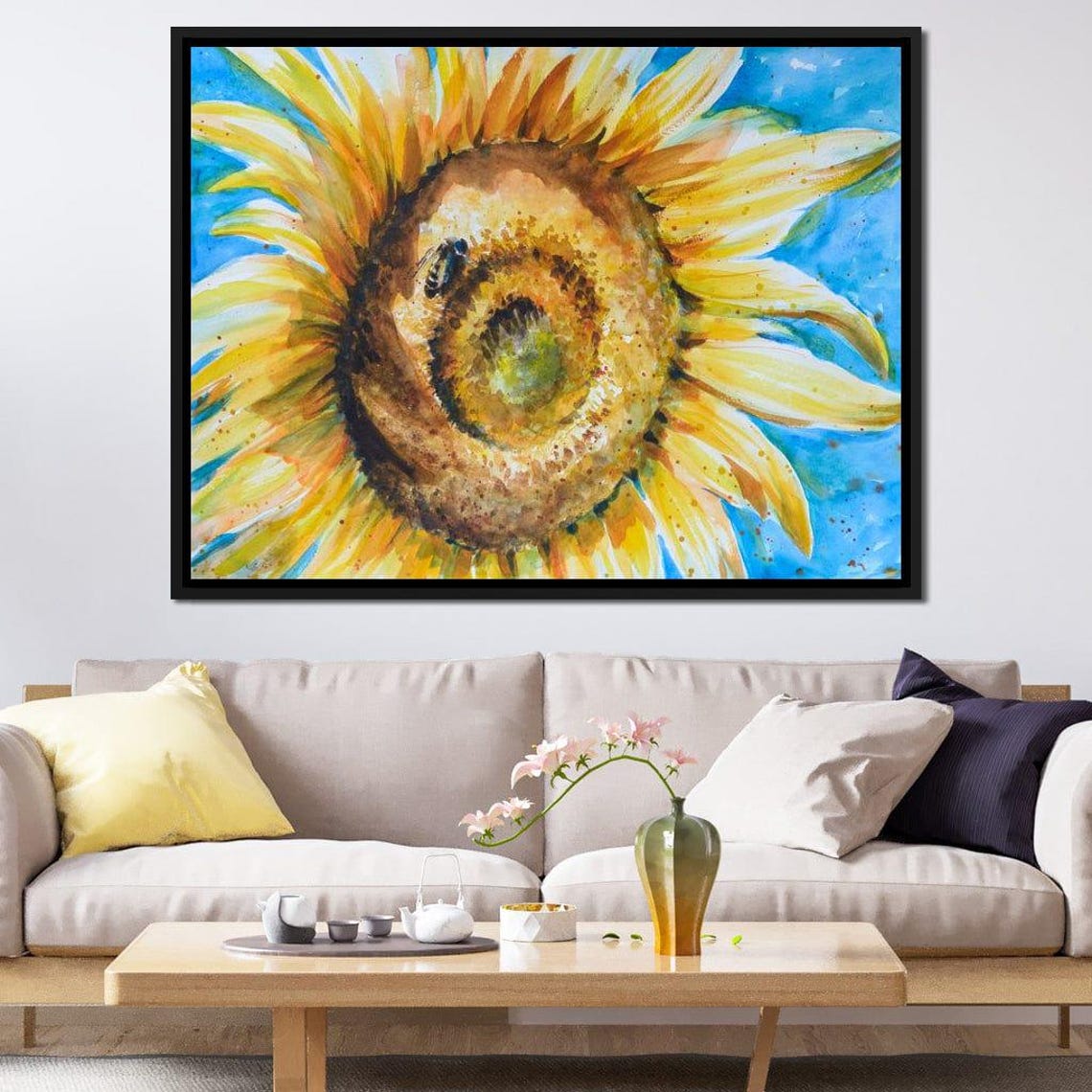 Yellow Sunflower Blue Sky Watercolor Botanical Macro Flower Print