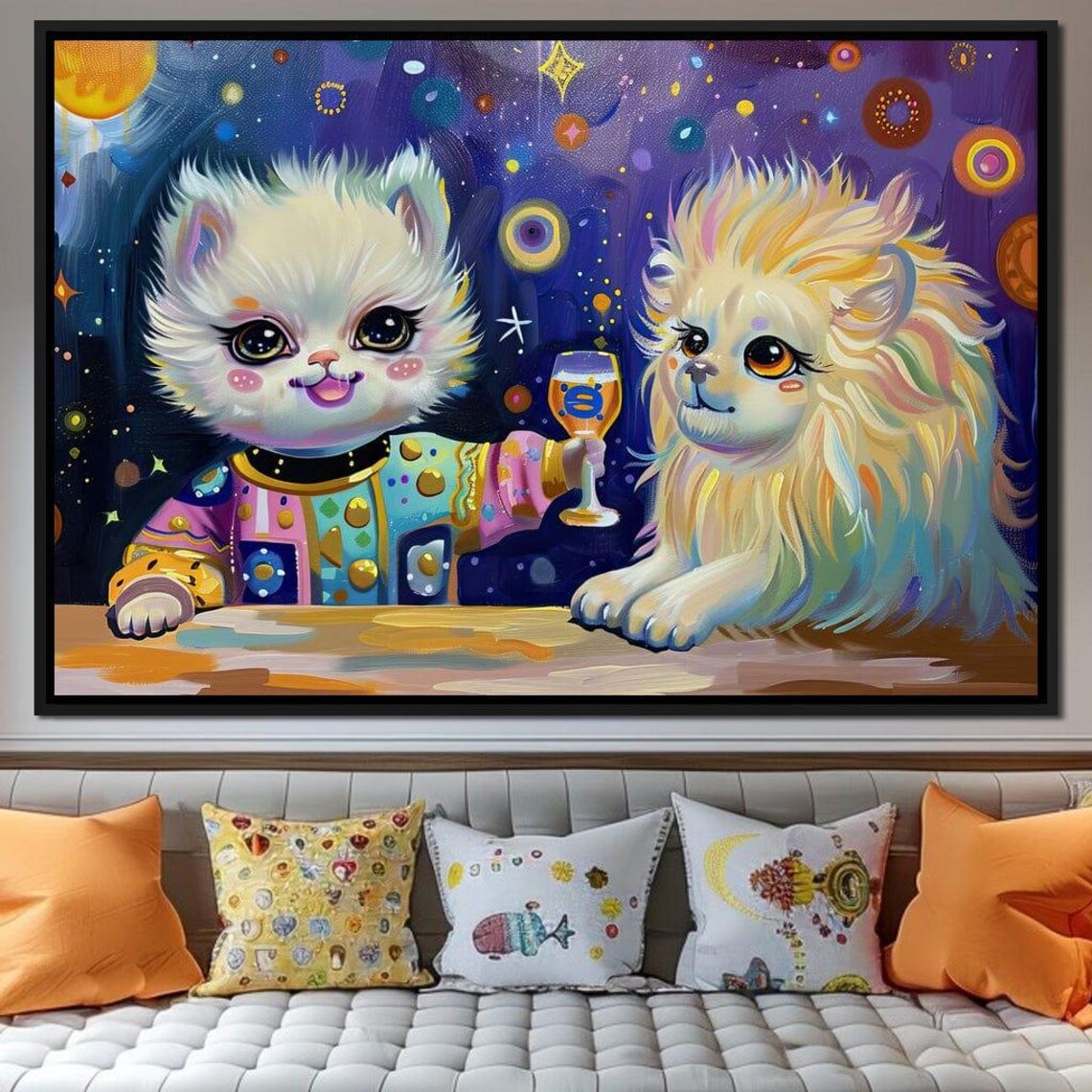 Whimsical Kitten And Lion Toast Starry Night Kids Room Fun Fantasy Wall Poster
