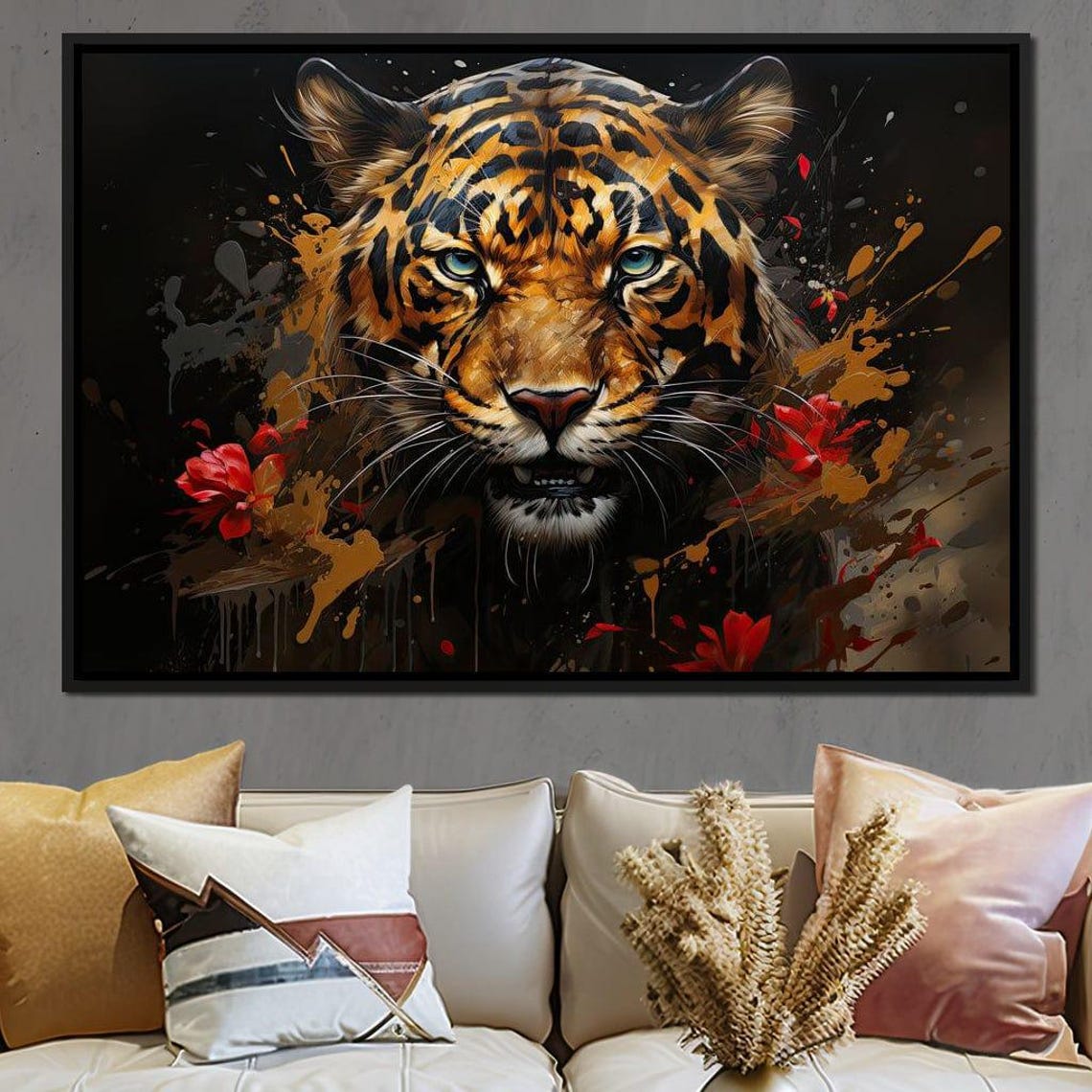 Fierce Tiger Face Paint Splatter Red Flowers Dark Jungle Art Poster - Image 2
