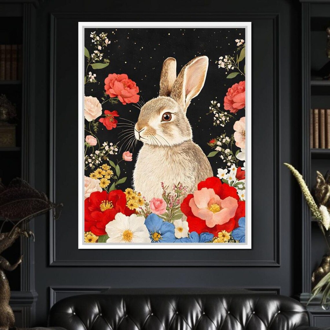Cute Bunny Rabbit Among Colorful Blooms On A Starry Night Poster - Image 2