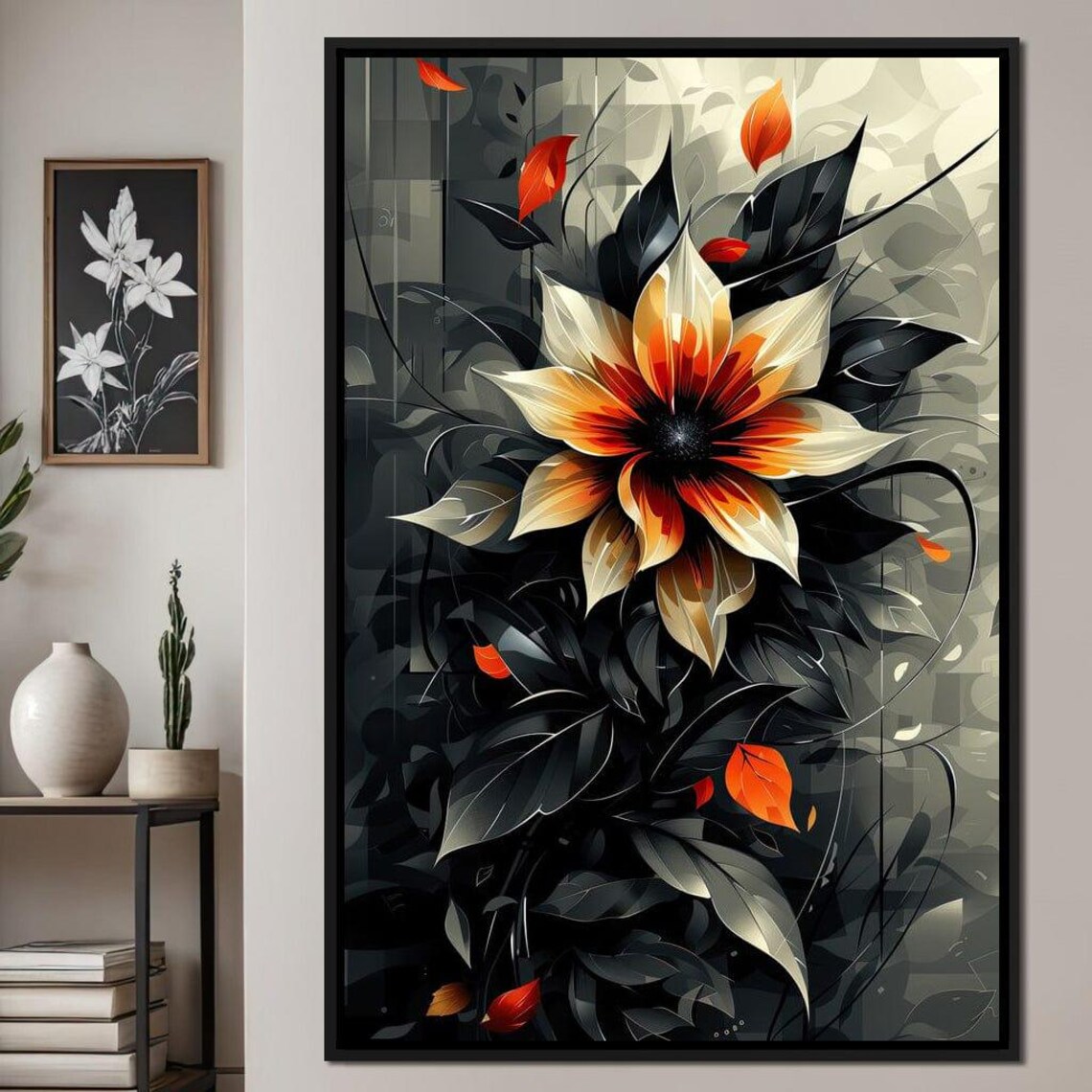 Fiery Blossom Silhouette Cream Orange Flower Dark Botanical Wall Art
