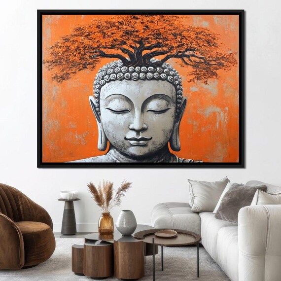 Buddha Tranquility Tree Spirit Zen Home Decor Orange Wall Art Spiritual Artwork Serenity Artwork By Nichecanvas