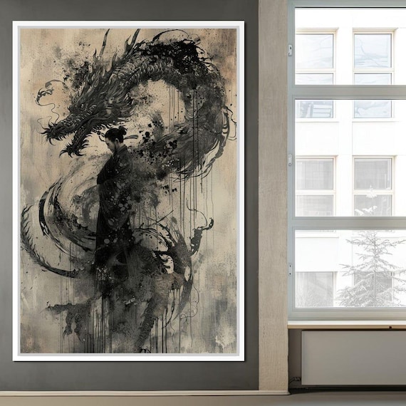 Samurai Dragon, Dark Fantasy Japanese Myth Art Print
