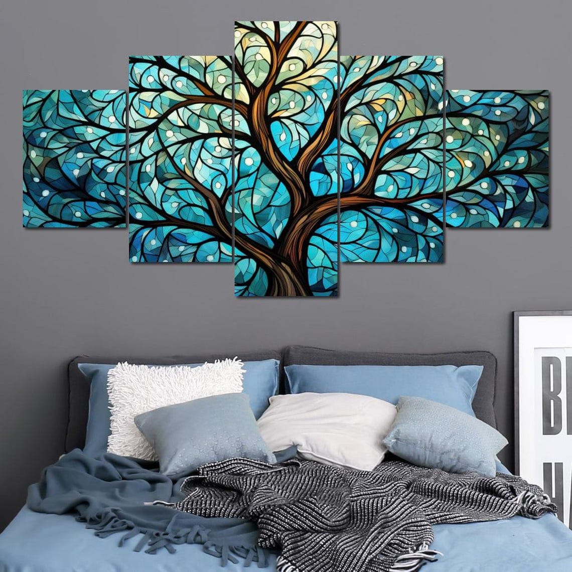 Stained Glass Tree Of Life Turquoise Five Panel Wall Art Print