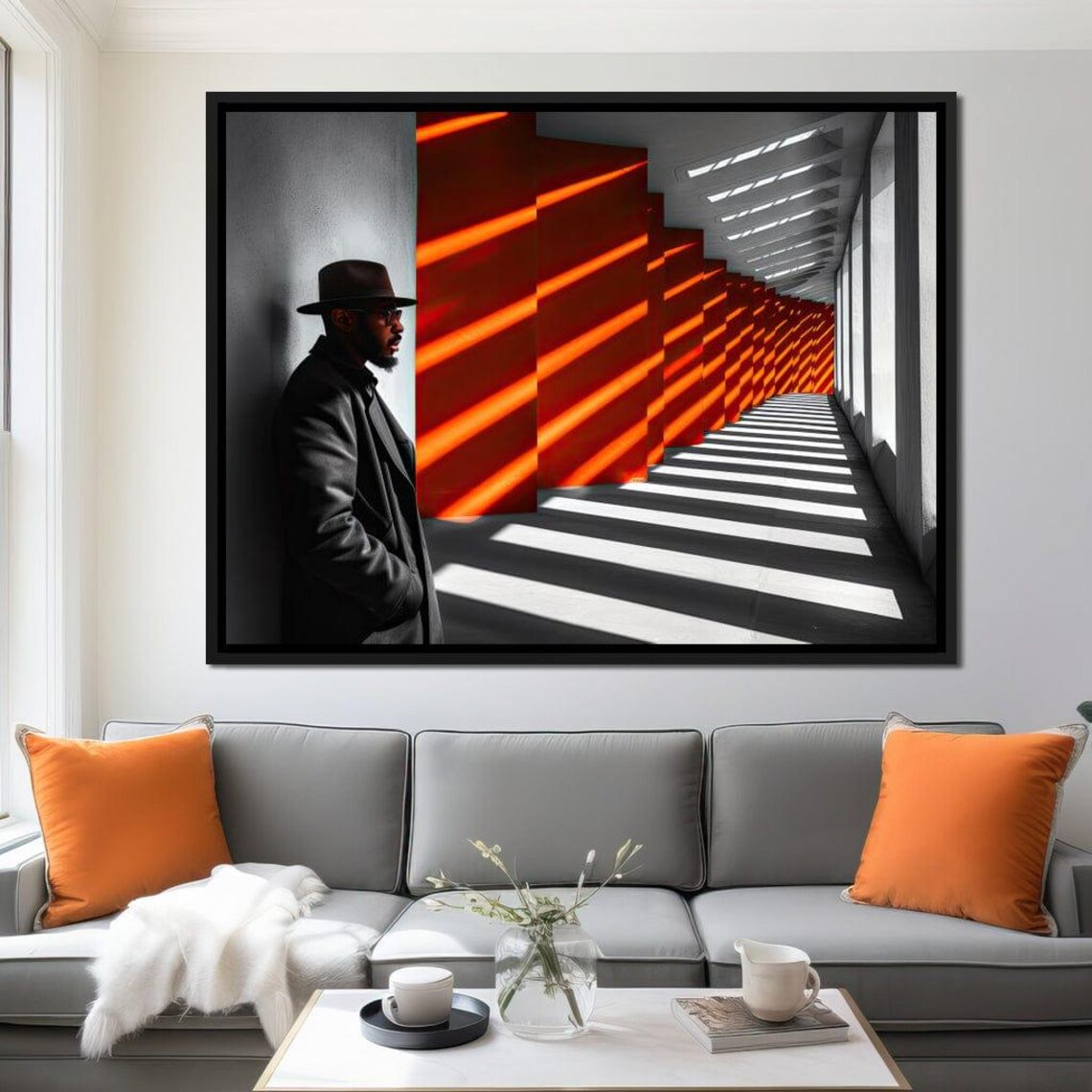 Man In Hat Red Light Shafts Urban Corridor Cinematic Street Art Poster - Image 2