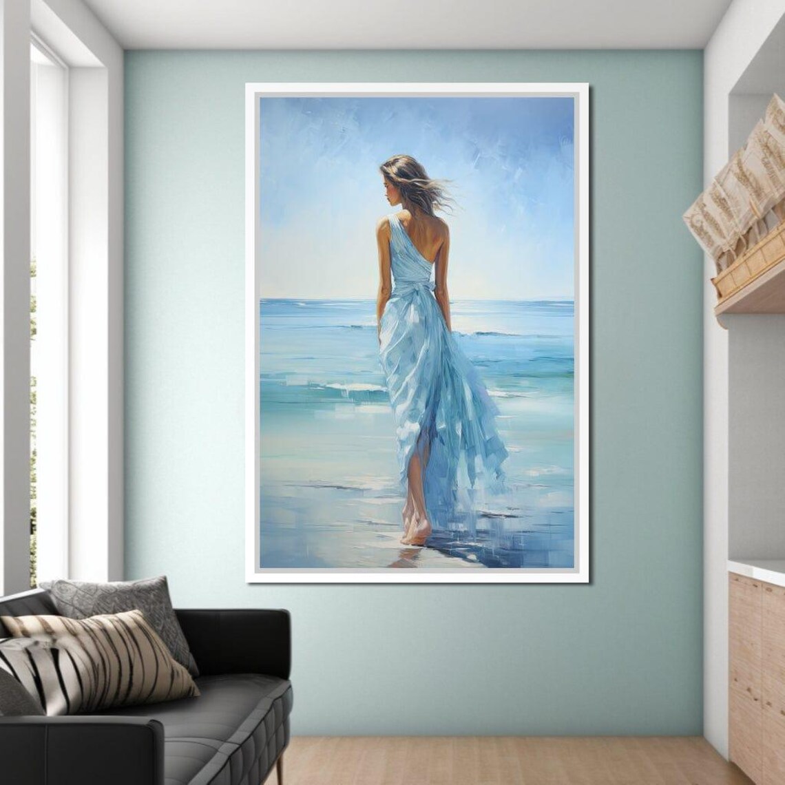 Woman Blue Dress Ocean Edge Calm Sea Coastal Serene Wall Art Print - Image 3