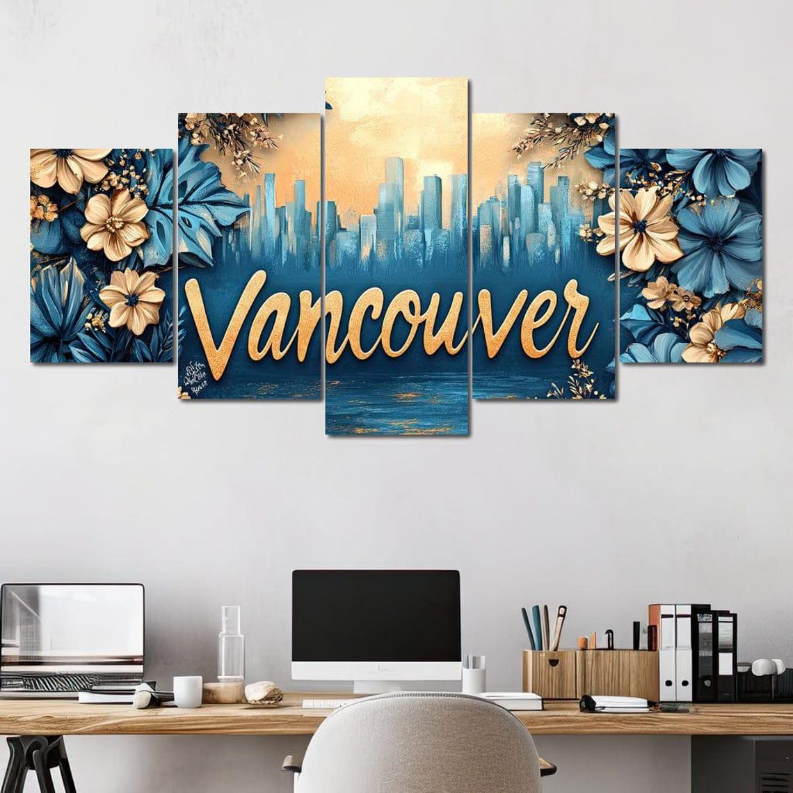 Vancouver Gold Script Blue Floral Cityscape Sunset Skyline Poster - Image 4