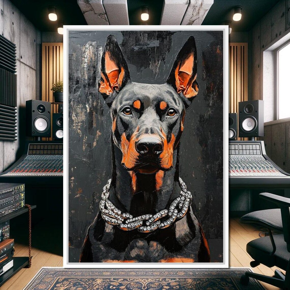 Doberman Pinscher With Chain Necklace Bold Black Dog Portrait Poster - Image 2