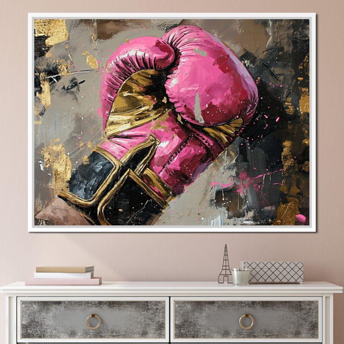 Pink Boxing Glove Gold Black Glam Fight Feminine Sports Art Poster