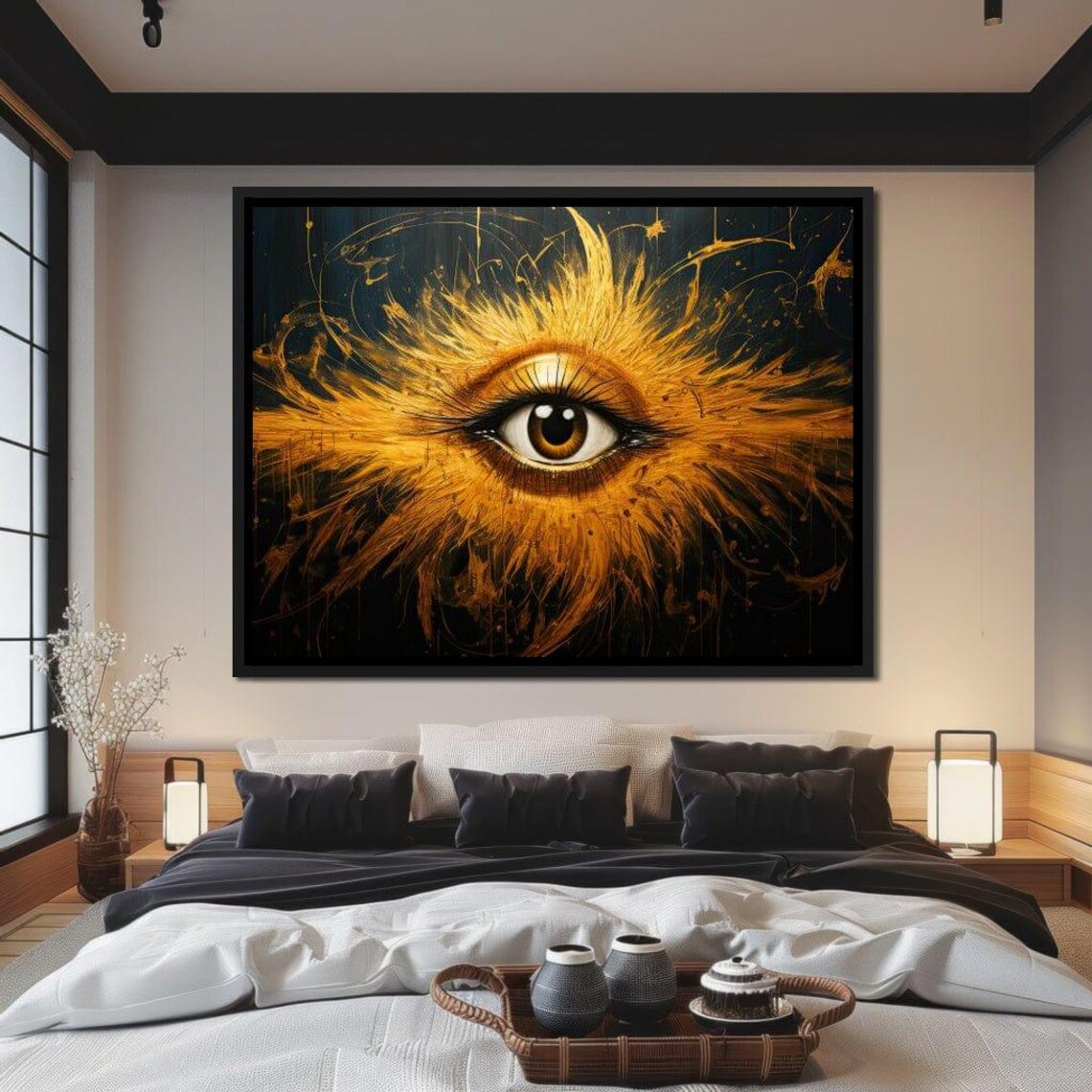 Radiant Golden Eye Fiery Feathered Visionary Black Gold Art Poster - Image 2