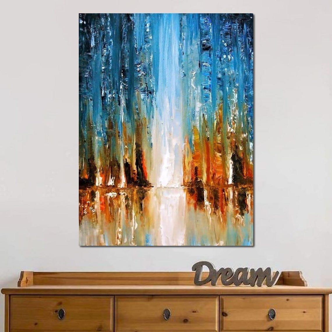 Blue Orange Reflective Water Impasto Abstract Oil Painting Poster - Image 2