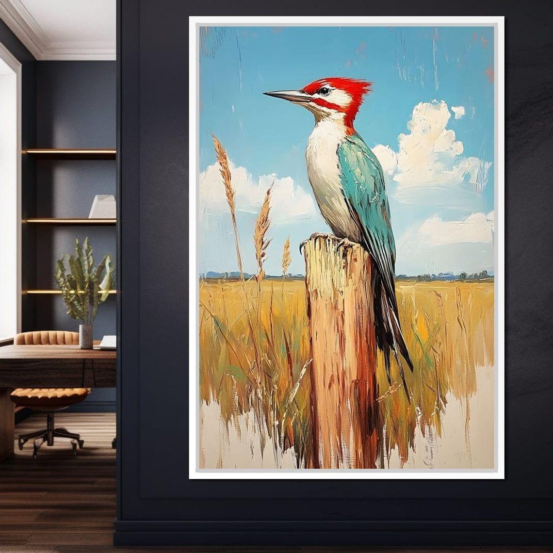Red Crested Woodpecker Perched High In A Golden Meadow Poster - Image 2