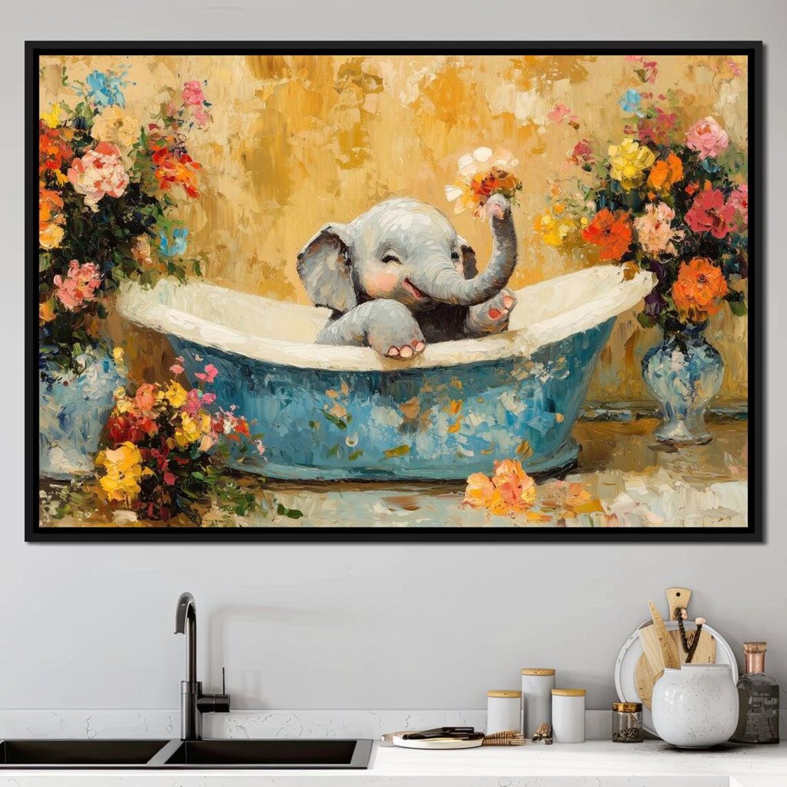 Baby Elephant Floral Bathtub Cute Whimsical Flower Bath Animal Wall Print - Image 2