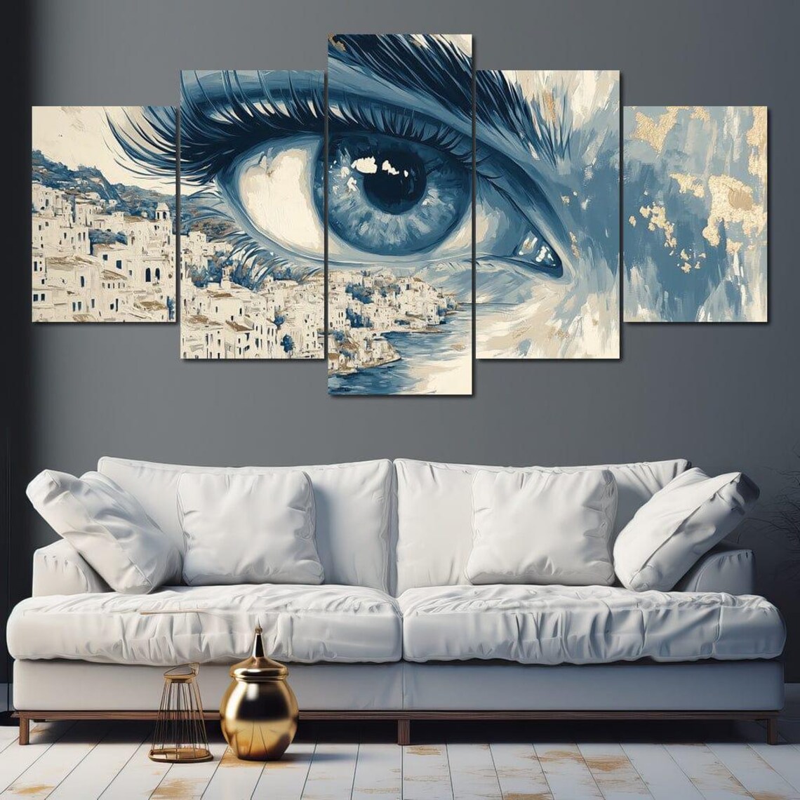 Blue Eye Over Santorini Whitewashed Town Aegean Surreal Wall Art - Image 4