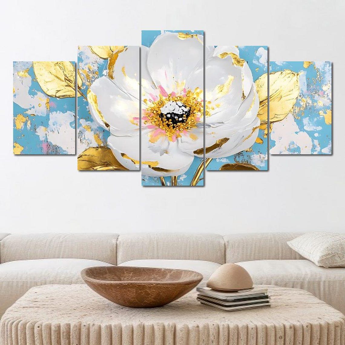 White Flower With Golden Leaves On A Bright Turquoise Poster - Image 4