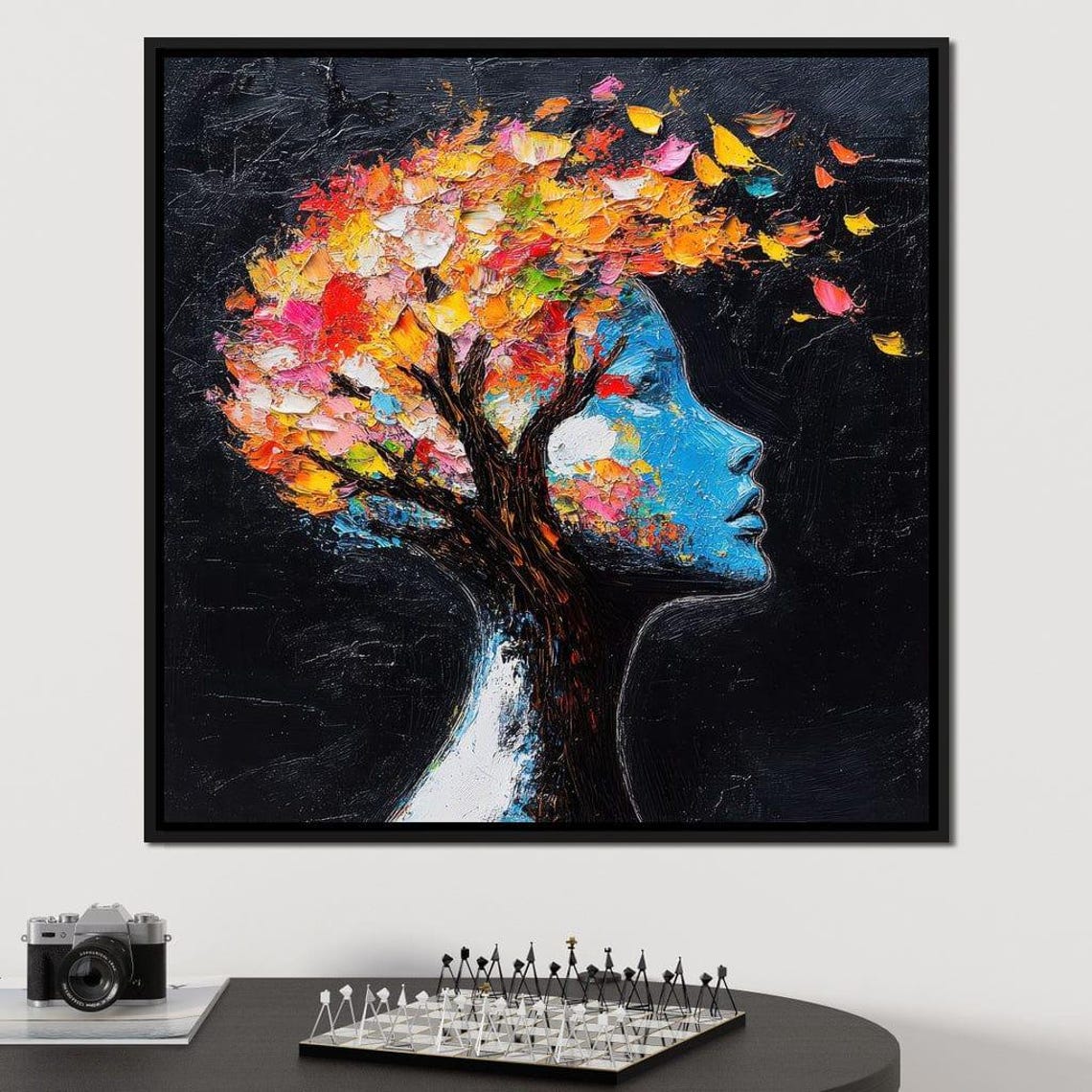 Blue Woman Profile Merging With Colorful Blooming Tree Impasto Poster - Image 3