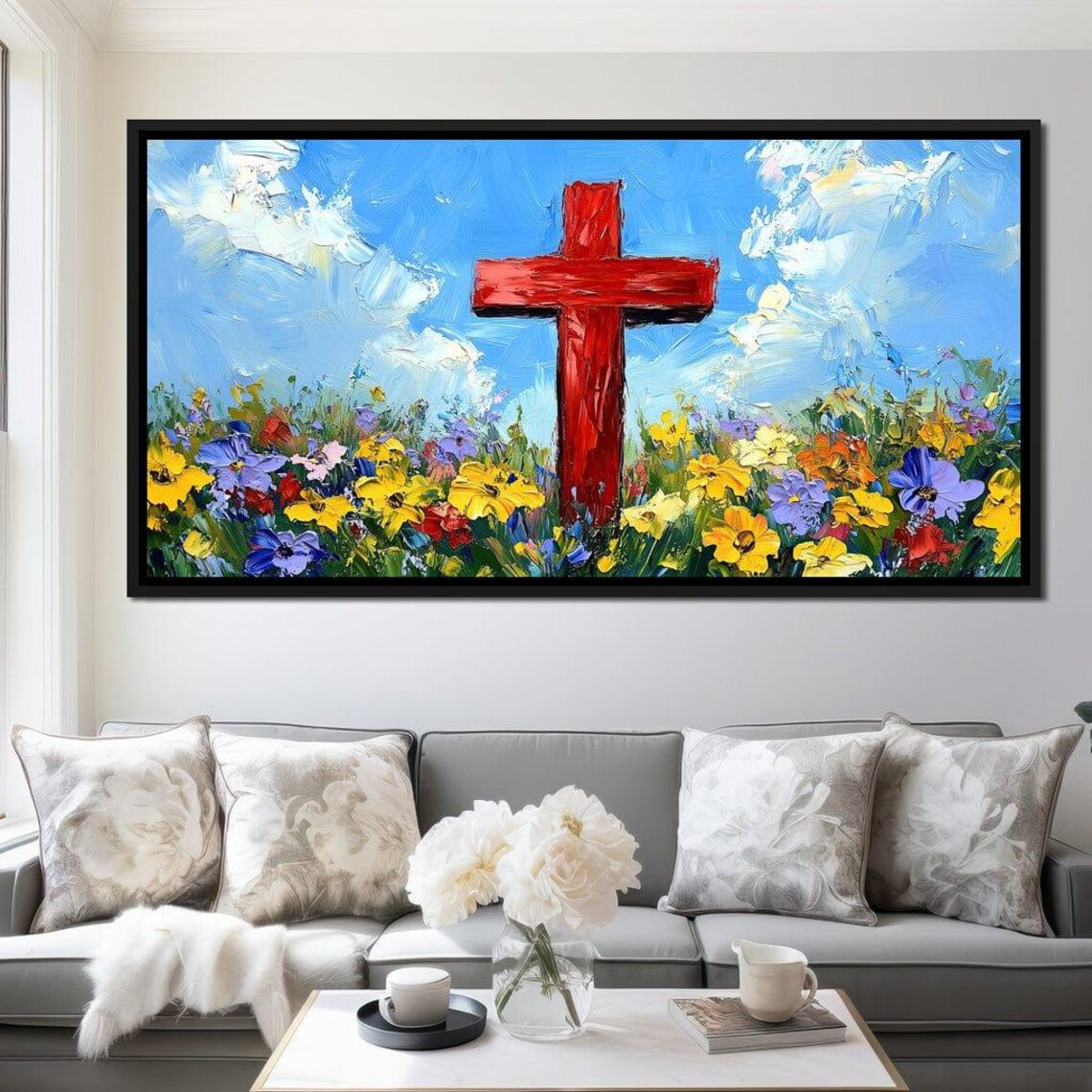 Red Wooden Cross In Colorful Wildflower Meadow Blue Sky Poster - Image 4