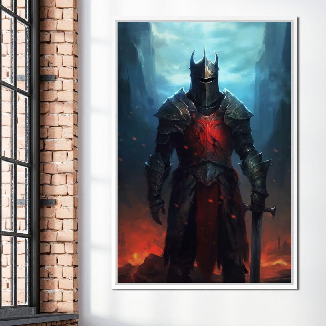 Dark Medieval Knight Armor Red Glowing Chest Fantasy Warrior Art Poster - Image 2