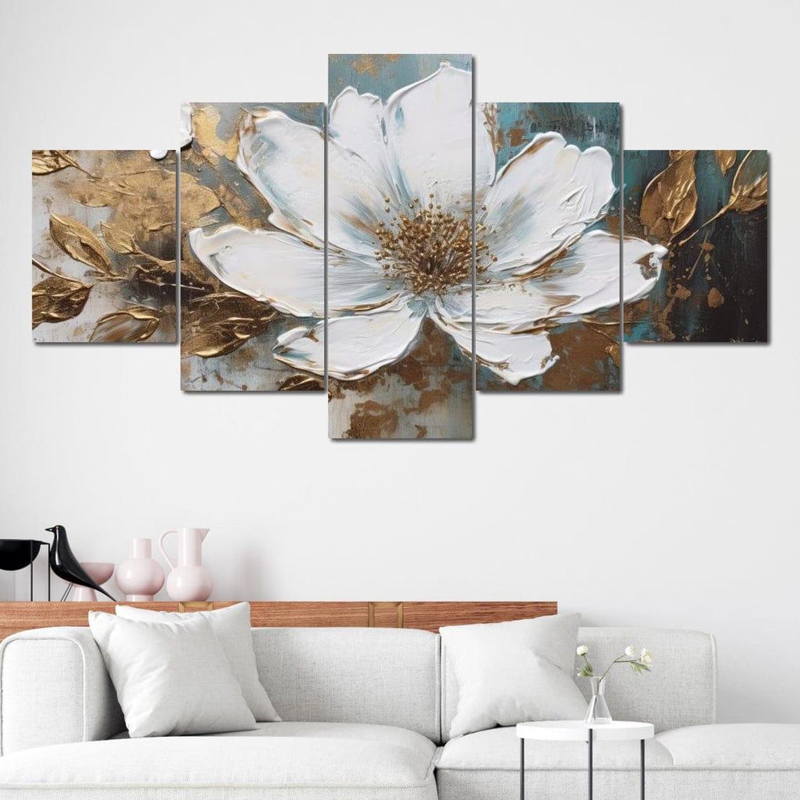 White Magnolia Multi Panel Canvas Flower Gold Teal Abstract Wall Art - Image 4