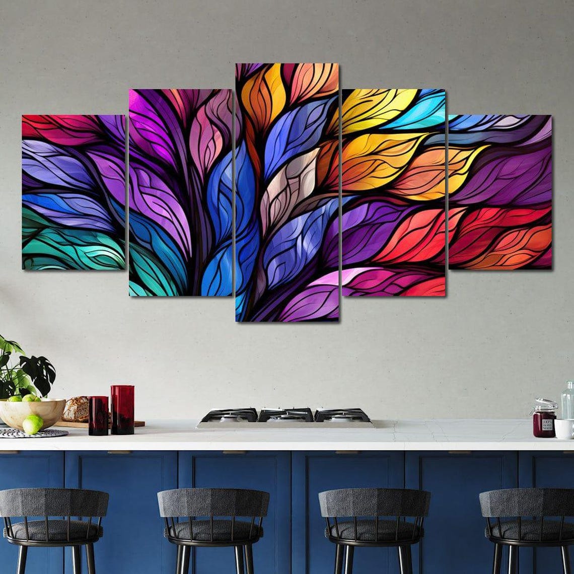 Stained Glass Rainbow Feather Leaves Five Panel Canvas Wall Art
