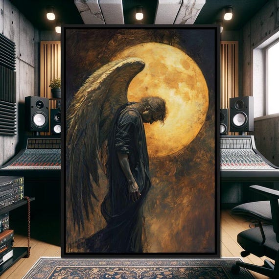 Lunar Shadow Seraph Moonlit Angel Wall Art Dark Fantasy Home Decor Ethereal Spiritual Painting Gothic Celestial Design By Nichecanvas