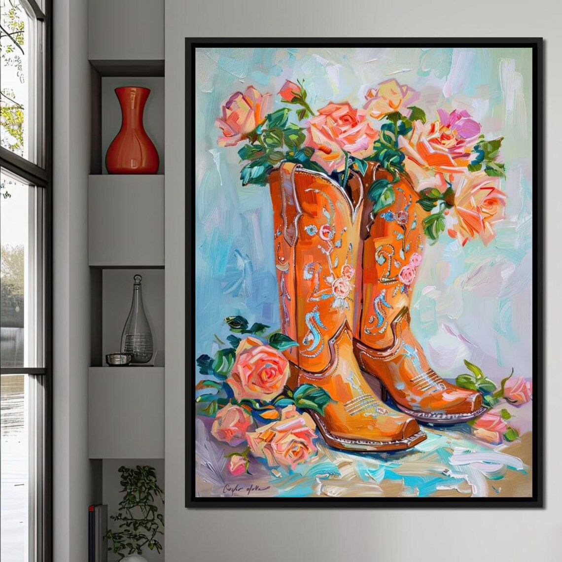 Orange Floral Cowboy Boots Roses Rustic Country Western Wall Poster