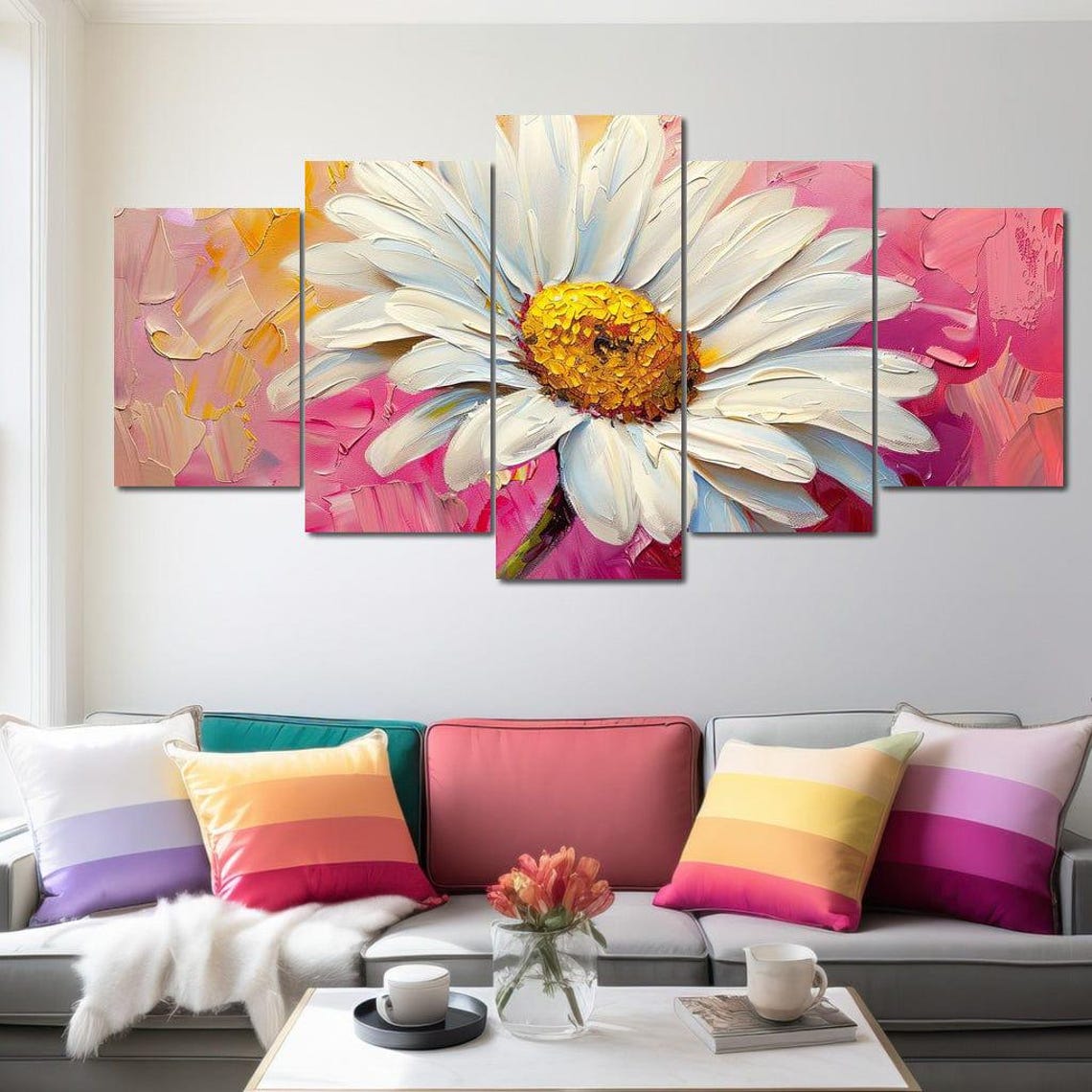 White Daisy Close Up Hot Pink Five Panel Floral Wall Art Poster - Image 4