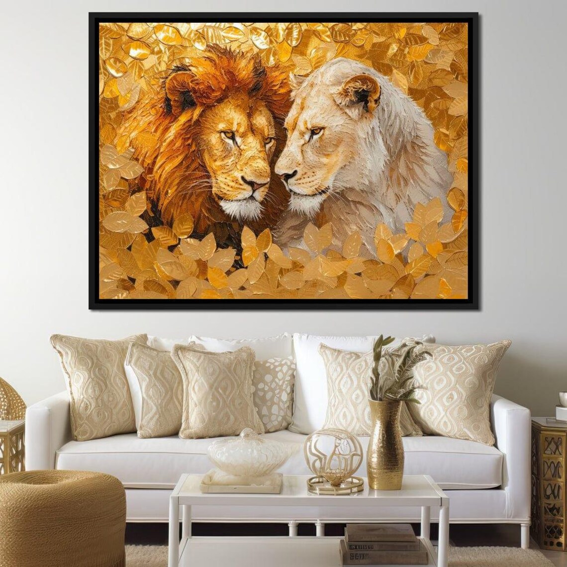 Golden Sovereigns Bond Regal Lion Art Home Decor Wildlife Painting Safari Themed Bold Color Animal Portrait By Nichecanvas - Image 3